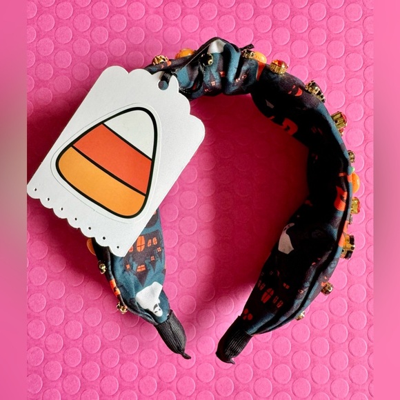 New Halloween Blue w/ Rhinestones Pumpkin Bat Fabric Adult Size Knotted Headband - Picture 6 of 9